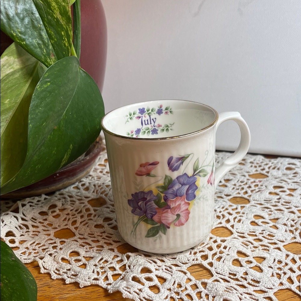 “July” Floral Bone China Mug with Purple and Pink Blooms